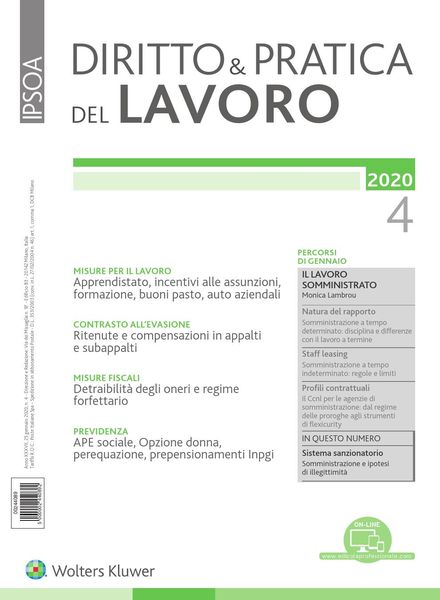 Diritto e Pratica del Lavoro – 25 Gennaio 2020