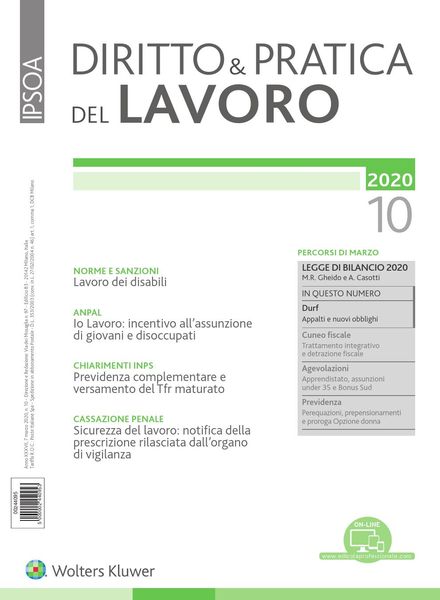 Diritto e Pratica del Lavoro – 7 Marzo 2020