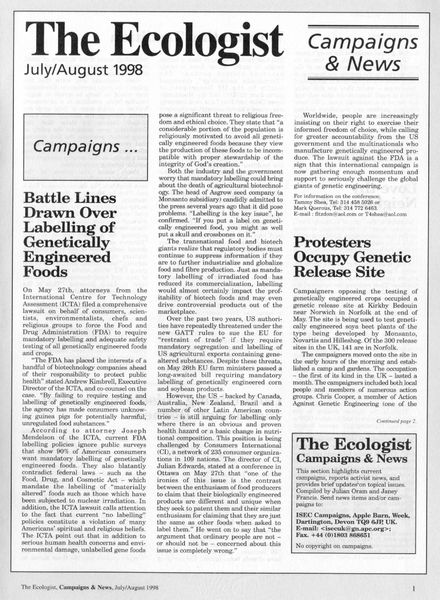 Resurgence & Ecologist – Campaigns & News July-August 1998
