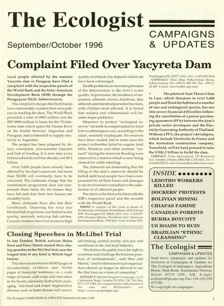 Resurgence & Ecologist – Campaigns & Updates September-October 1996